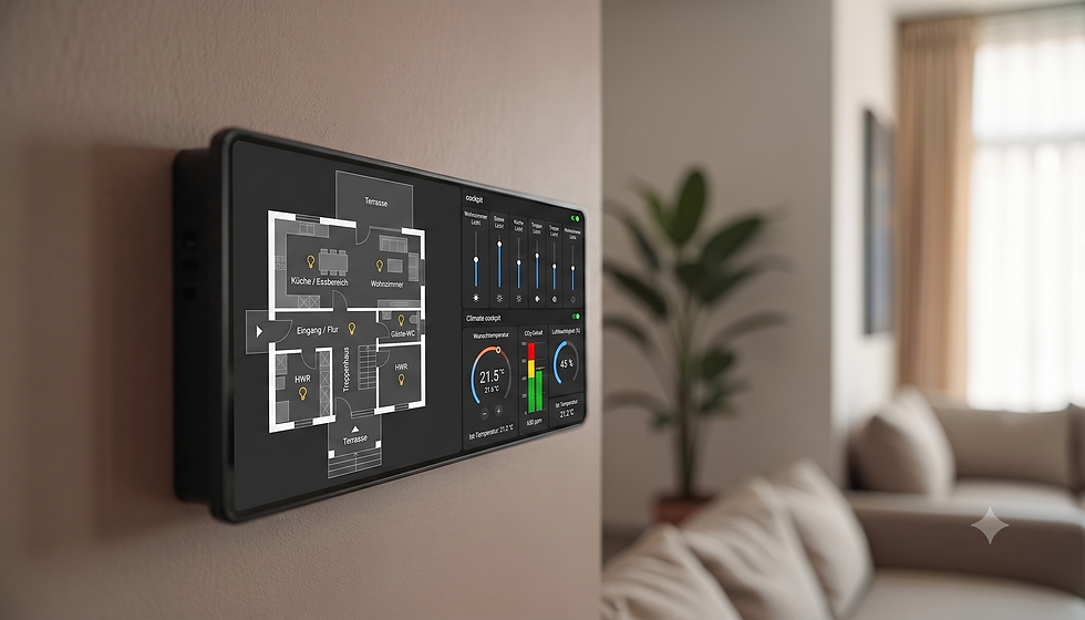 Nahaufnahme eines modernen Wohnzimmers mit KNX-Steuerungspanel an der Wand