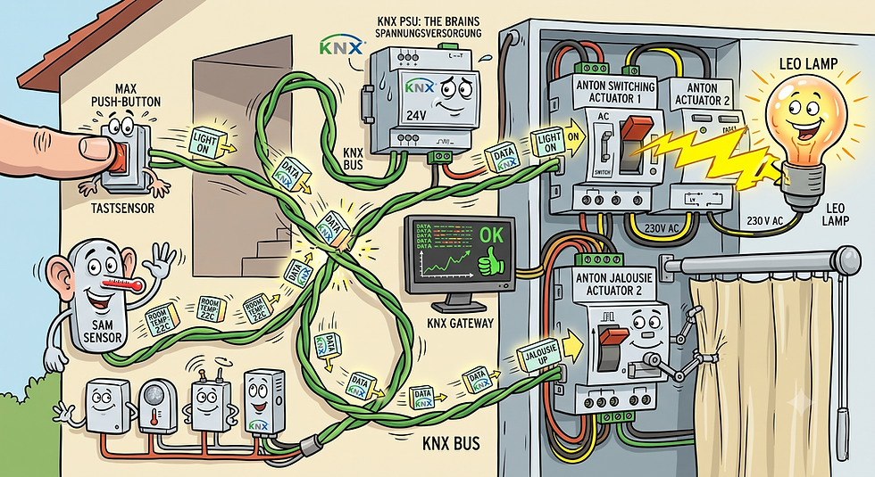 Mittlere Ansicht eines Technikraums mit KNX-Steuerungseinheiten und Verkabelung