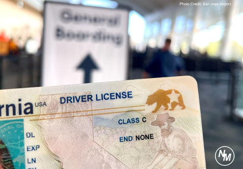 REAL ID compliance reminder graphic showing a sample U.S. driver’s license with a gold star, alongside text highlighting the May 7, 2025 deadline for air travel and federal facility access. Background features airport and government building icons.