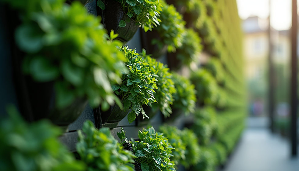 Green plants in black wall planters form a lush vertical garden beside a blurred walkway, lit by warm sunlight.