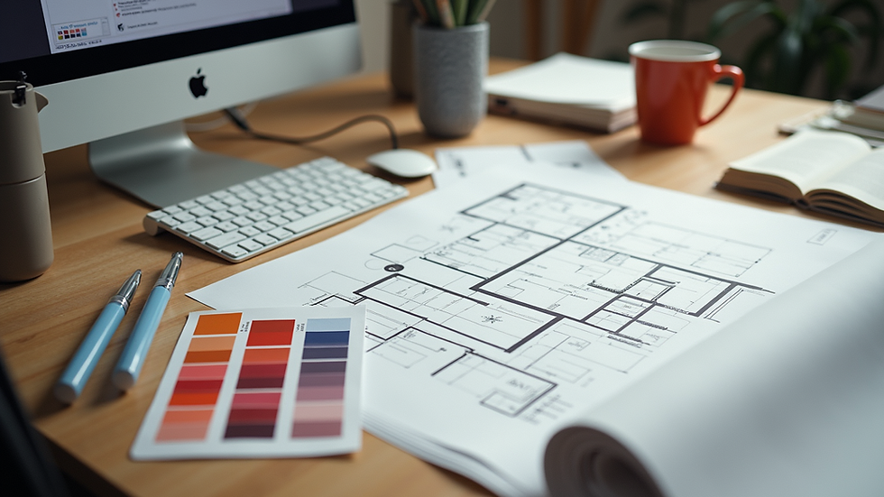 High angle view of a designer’s workspace with colour swatches and floor plans