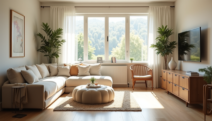 Eye-level view of a bright, airy room with ergonomic furniture and natural light