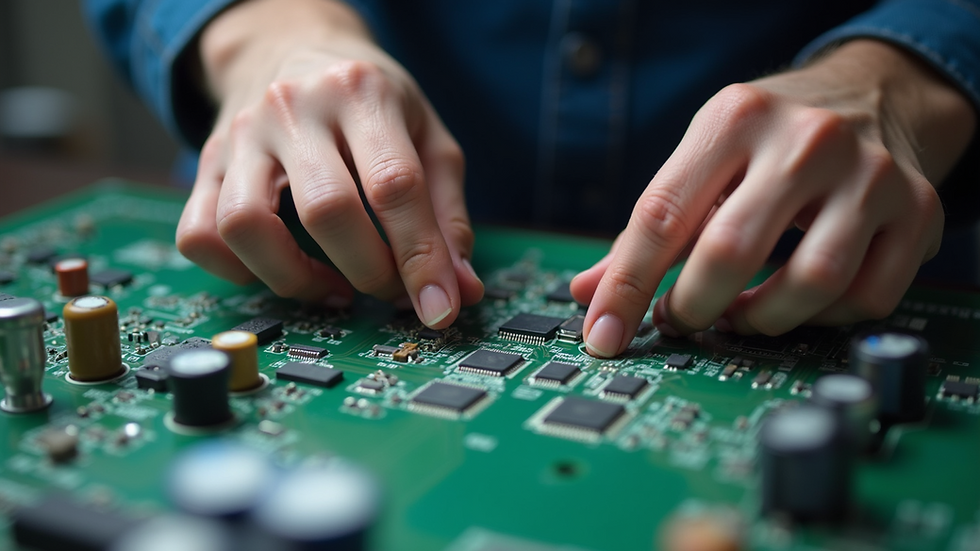 Close-up view of hands assembling an electronic circuit board