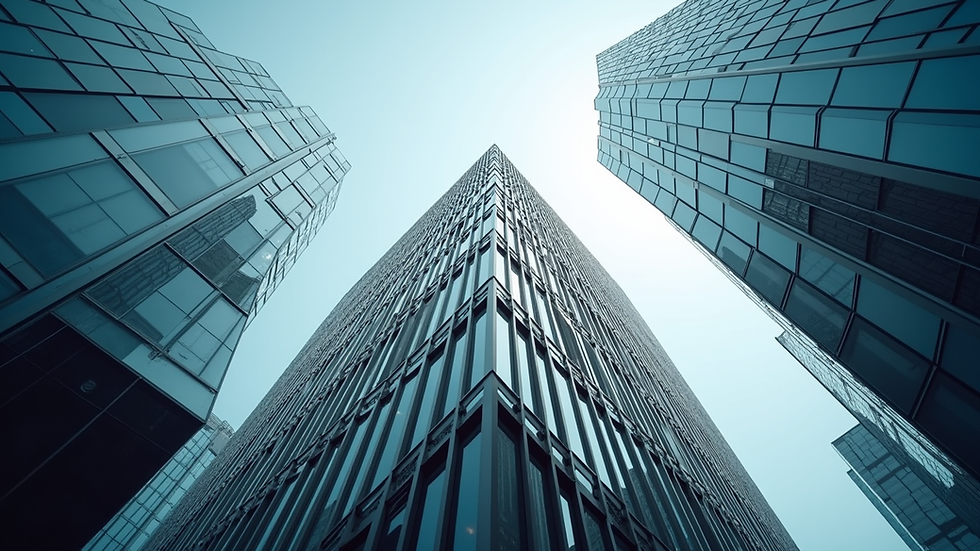 Eye-level view of a modern office building representing international business