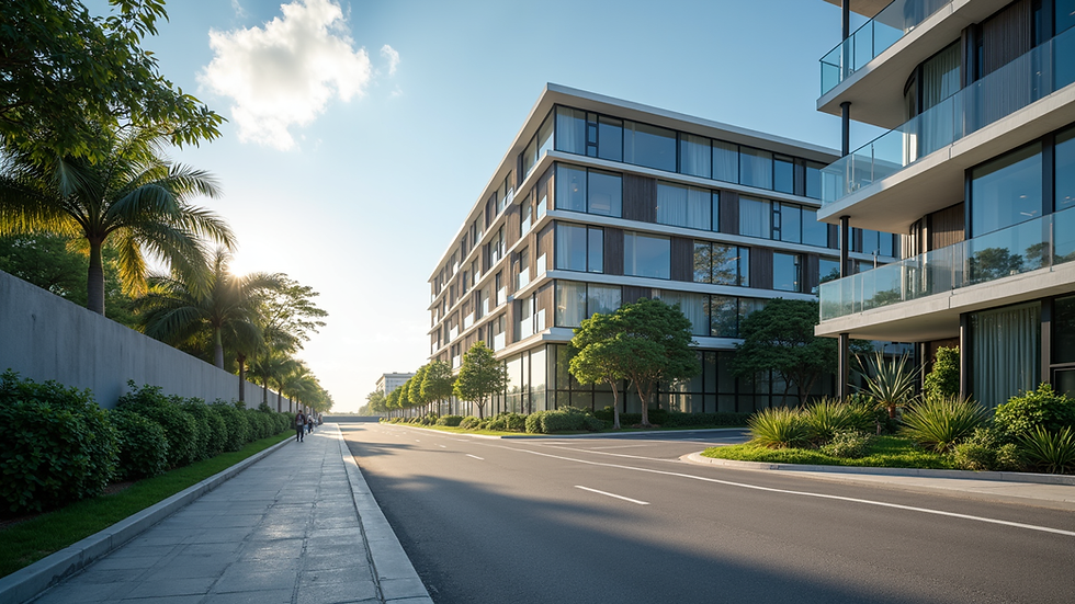 Eye-level view of a modern office building in Mauritius