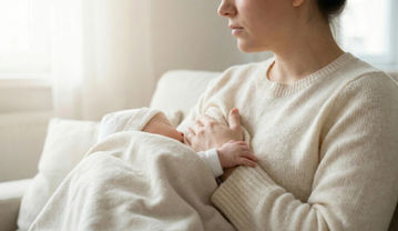 A young mother breastfeeding her infant during natural lactation.