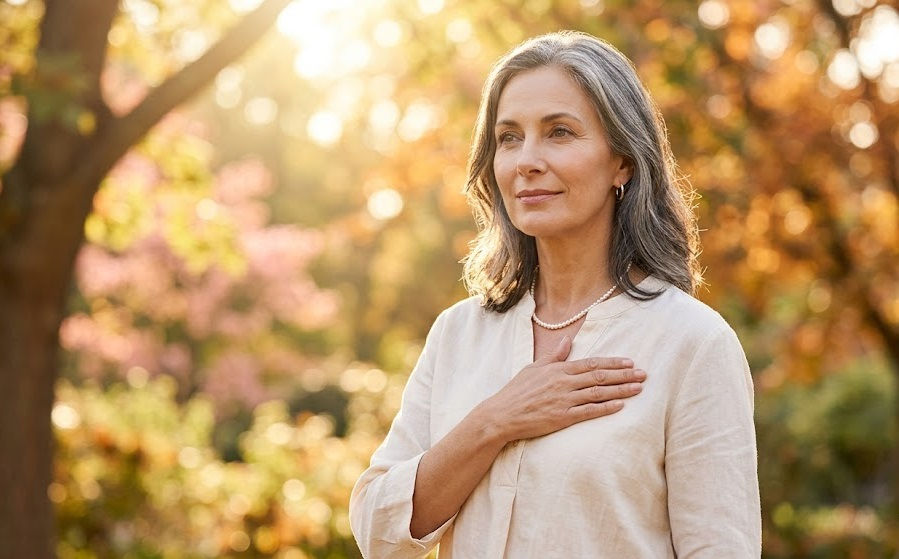 A serene older woman standing in a sunny autumn park with her hand gently resting on her chest, representing breast health awareness and self-care during menopause.