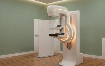 A state-of-the-art digital mammography machine in a modern, bright, and minimalist clinical examination room.