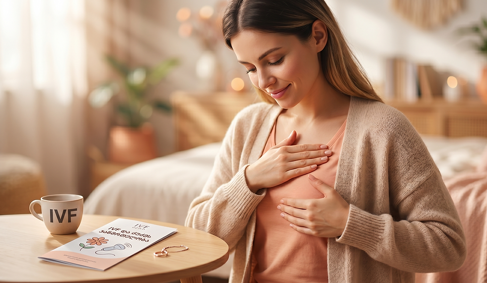 A smiling woman performing a breast self-examination at home. On the table next to her is a mug and a pamphlet related to IVF and breast health.