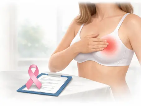 ძუძუს ტკივილისა და ანთების ილუსტრაცია: ქალი ეხება მკერდის შეწითლებულ და მტკივნეულ უბანს, წინა პლანზე კი ვარდისფერი ლენტი და სამედიცინო დაფაა.