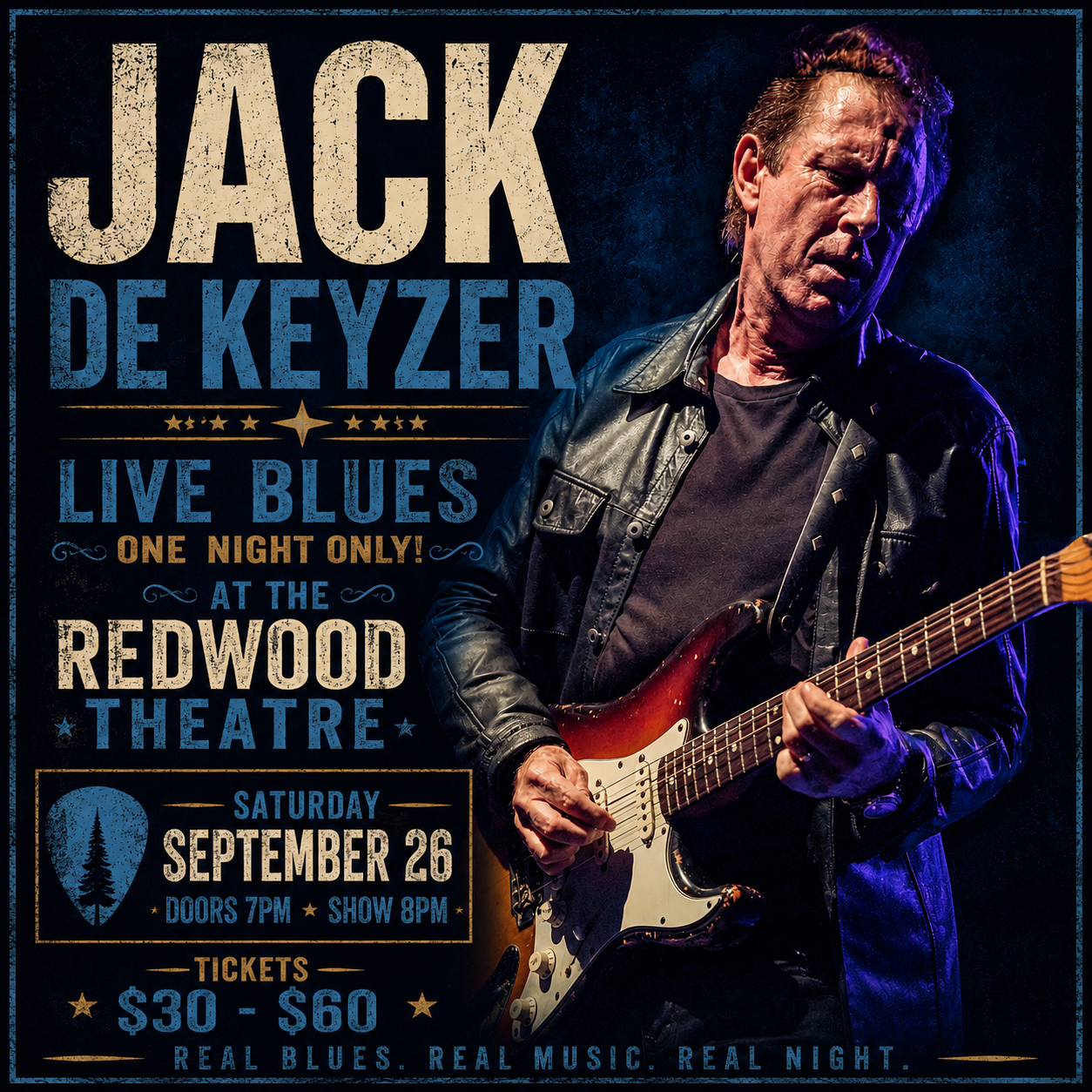 Jack de Keyzer playing his blues guitar with intensity.