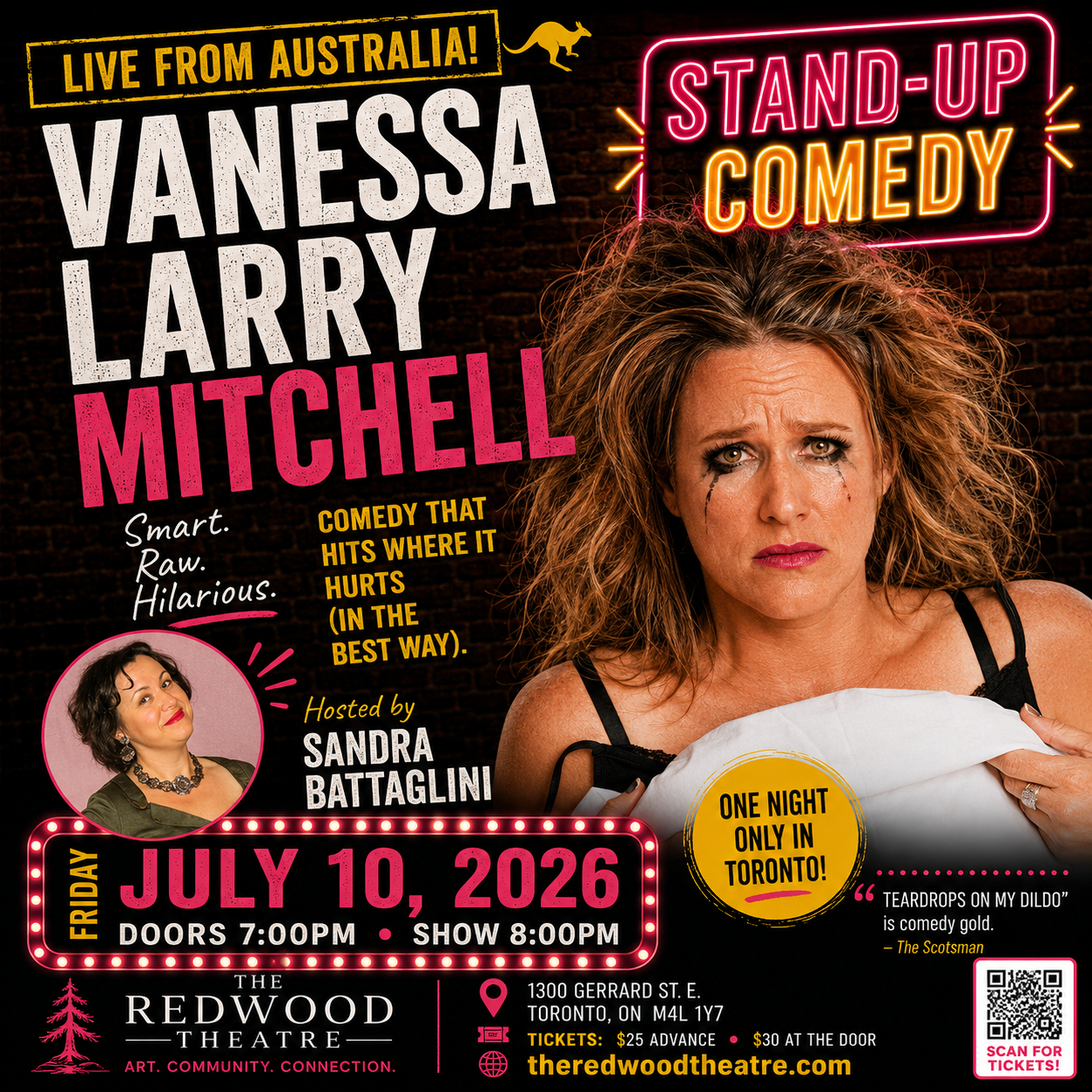 Vanessa Larry Mitchell laughing on a comedy stage.