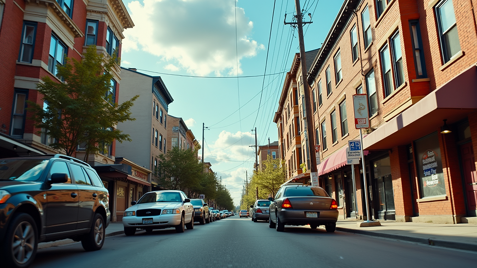 Wide angle view of a vibrant urban neighborhood that reflects progressive political themes.