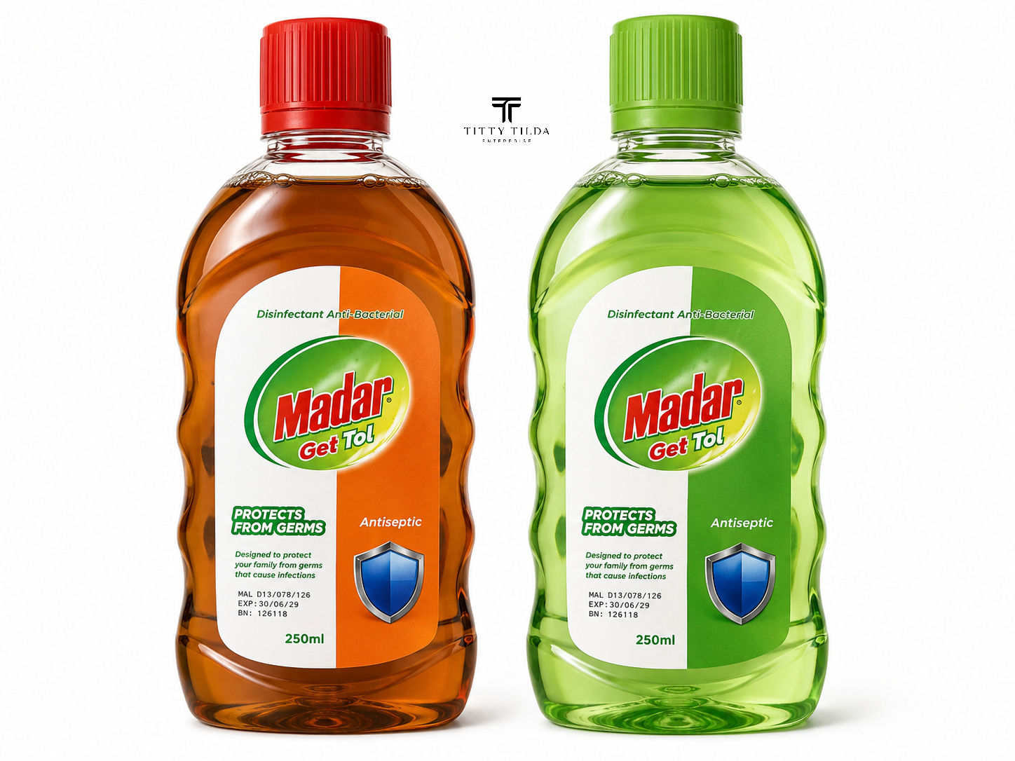 Madar Get Tol antibacterial disinfectant orange and green bottles