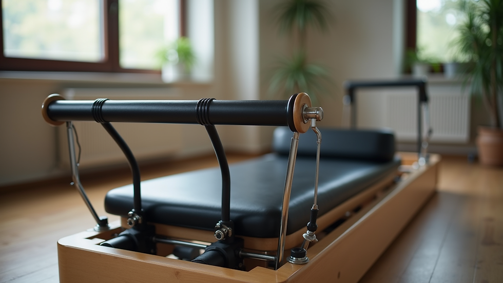 Close-up view of a Pilates reformer machine with resistance springs
