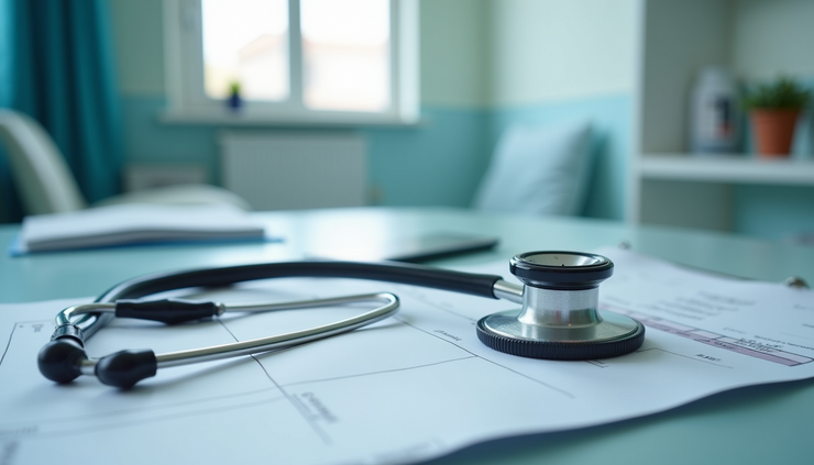 Eye-level view of a stethoscope resting on a patient chart in a quiet clinic room
