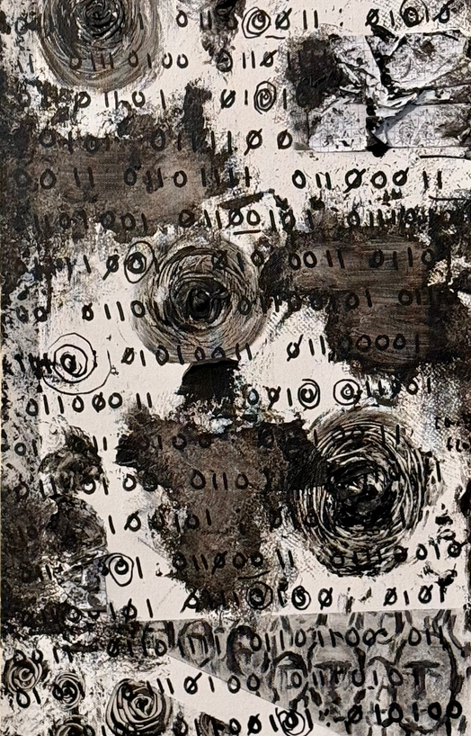 black and white abstract painting with binary 0s and 1s
