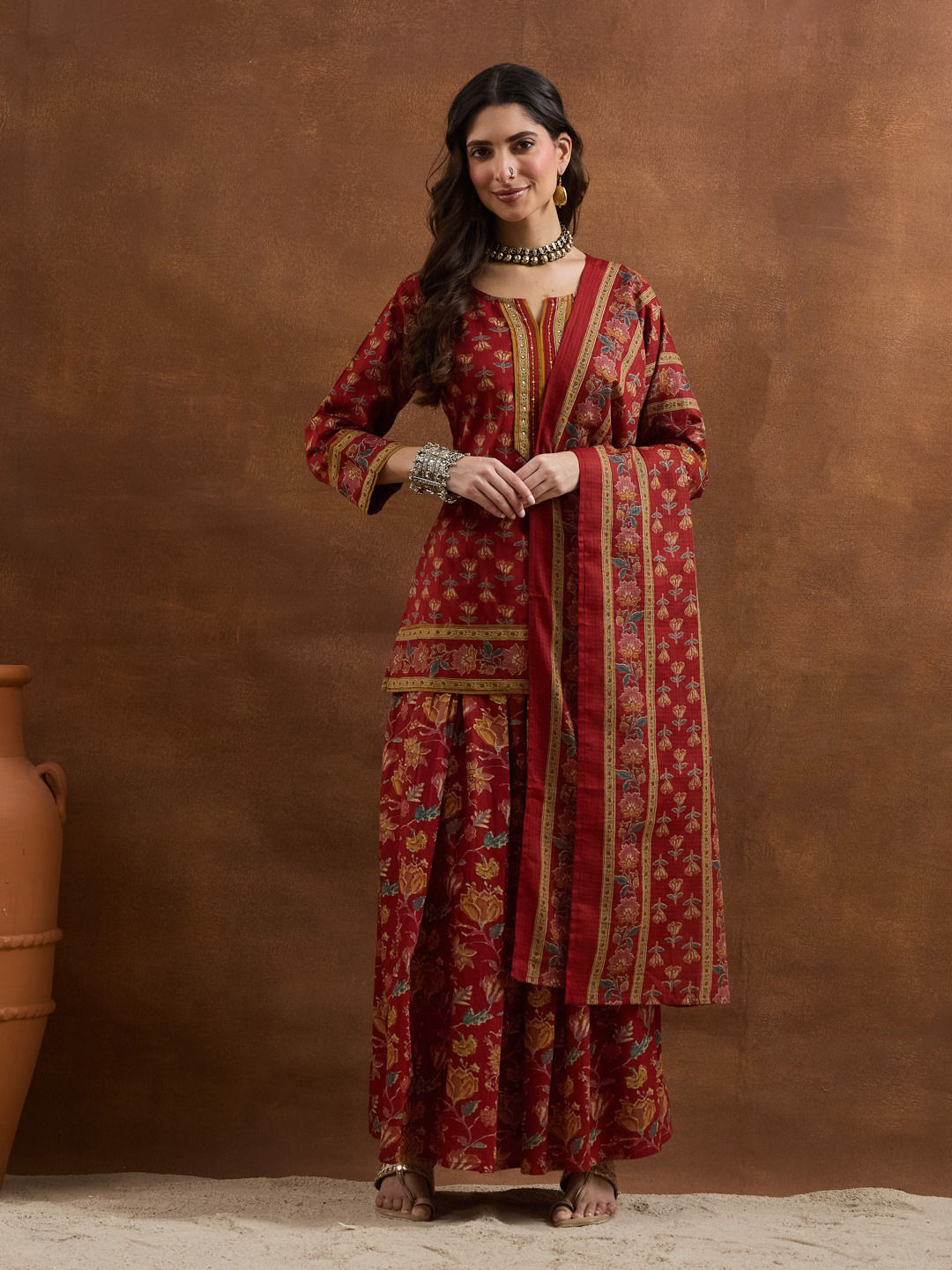 Floral Printed Cotton red Kurti Skirt & Dupatta Set