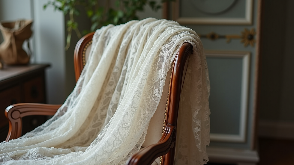 Close-up view of a delicate lace fabric draped over a vintage chair in a boudoir studio