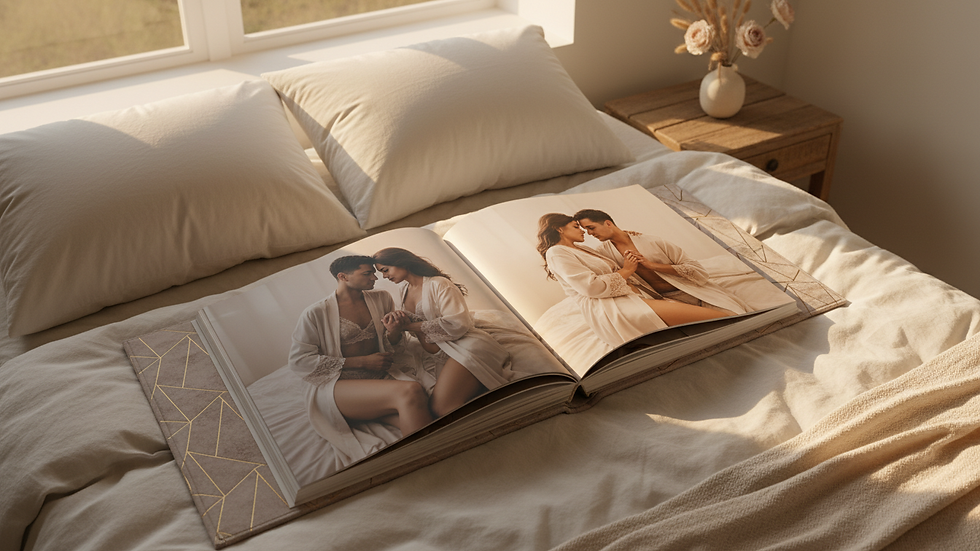 Overhead view of an elegant couples photo album open on a bed.