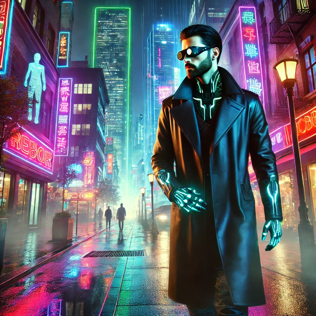 A cyberpunk man walking down a futuristic city street at night. He has a sleek, modern look with a long black trench coat, high-tech glasses, and glowing blue cybernetic implants visible on his arms and neck. The street is illuminated by vibrant neon lights and holographic signs, with towering skyscrapers adorned with colorful advertisements in the background. Misty rain falls gently, reflecting the neon lights on the wet pavement. The atmosphere is vibrant yet slightly dystopian, with other people in futuristic attire walking in the background. The sky above is dark, with a subtle purple hue adding to the cyberpunk ambiance. Created using Leonardo AI.