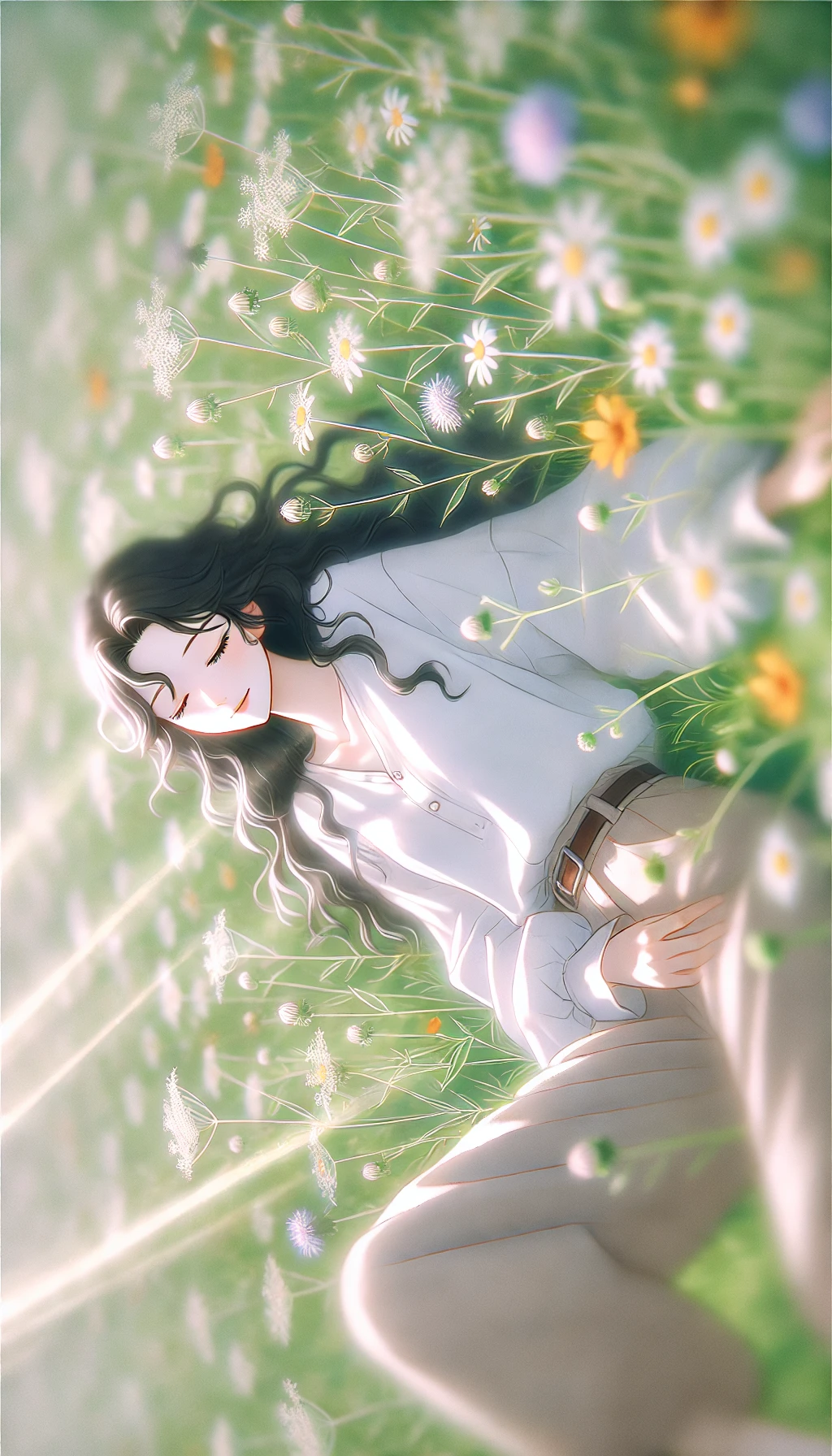 A serene scene depicting a beautiful adult woman reclining on a grassy field filled with vibrant wildflowers. She has long, wavy dark hair and a peaceful expression with her eyes closed. Soft sunlight gently illuminates her face, adding a warm, glowing effect. She is dressed in loose, baggy clothing that enhances the relaxed atmosphere. The image is rendered in a lofi anime style with soft, pastel colors. The full-body view is shown from a drone perspective, capturing the calm character and soothing surroundings. The scene includes sun rays that add a dreamy feel, with a slightly blurry and delicate art style. Created using AI. Created using Leonardo AI.