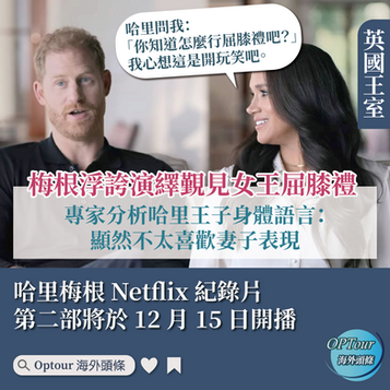 英國王室|哈里梅根 Netflix 紀錄片毀譽參半:梅根浮誇演繹屈膝禮,哈里的反應是……