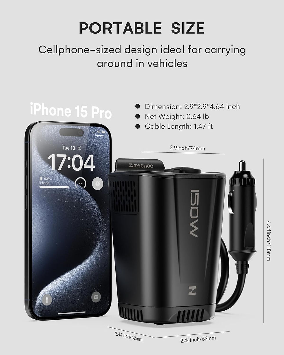 Thumbnail: 150W Car Power Inverter 12V DC to 110V AC With 2 AC Outlets, 1 18W USB-A Port an