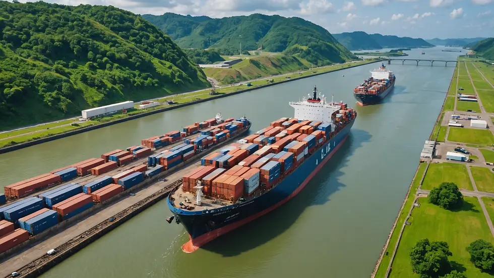 Wide angle view of cargo ships waiting at the Panama Canal