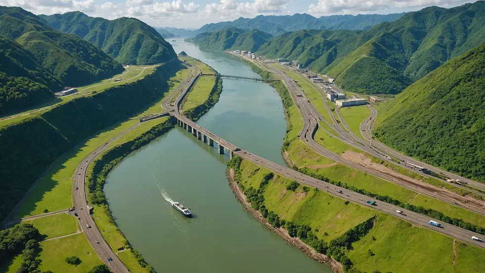 Eye-level view of the Panama Canal positioned between hills