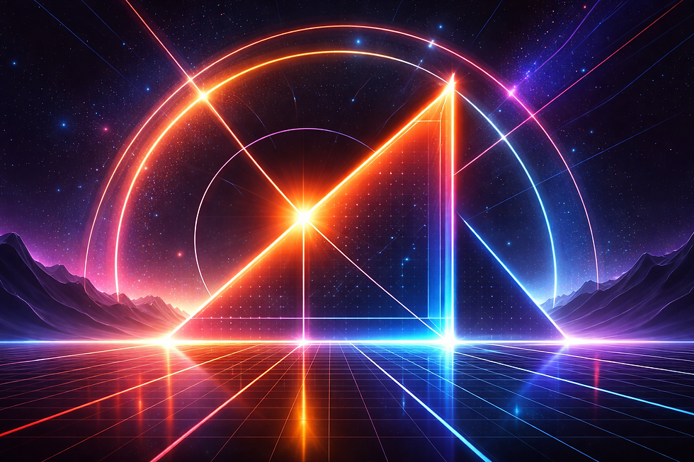 Neon geometric shapes intersect in a dynamic, futuristic landscape with glowing mountains and a starry sky. Vibrant blues and oranges dominate.