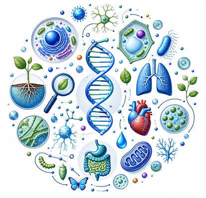 Circular biology-themed collage featuring a DNA helix, plant and animal cells, leaves, roots, lungs, heart, digestive system, mitochondrion, microscope-style views, and simple pathway arrows in a clean blue and green scientific design.