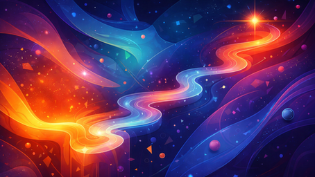 Abstract image of a swirling, colorful cosmic scene with vivid orange, blue, and purple hues, stars, and glowing shapes on a dark backdrop.