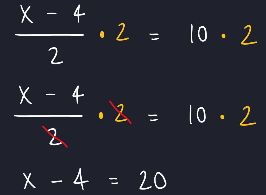 Equation solution steps on dark background. White and orange text shows multiplying both sides by 2, simplifying, and resulting in x-4=20.