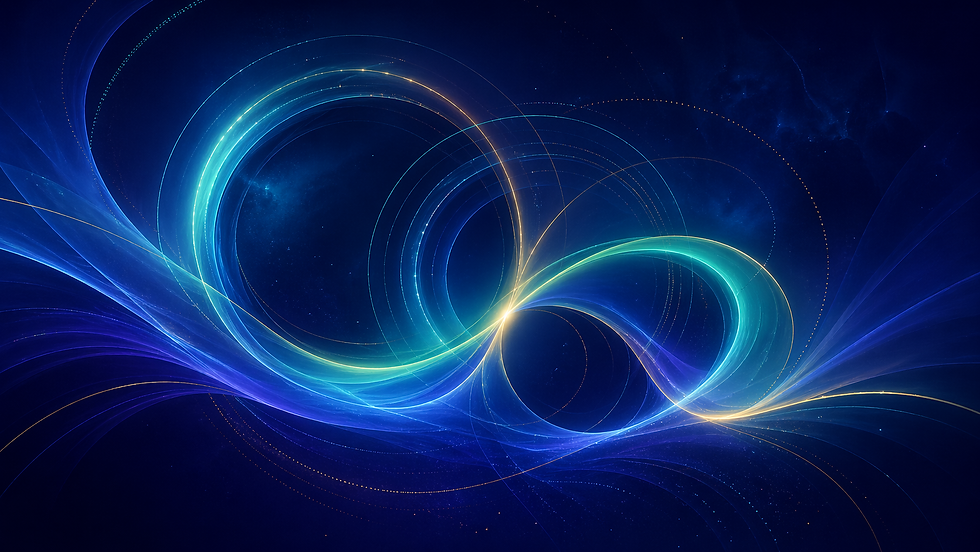 Glowing blue and green light trails form swirling patterns on a dark background, creating an ethereal and dynamic visual effect.