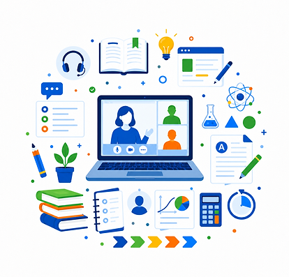 Circular online tutoring collage featuring a laptop with video call-style panels, digital notes, books, calculator, science icons, writing tools, checklist panels, progress arrows, and organized learning elements in a clean blue, green, and orange design on a white background.
