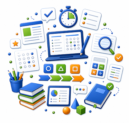 Circular digital test-prep collage featuring abstract answer bubbles, reading panels, checklist and editing icons, a timer, calculator-style elements, books, practice-question cards, progress arrows, and simple math shapes in a clean blue, green, and orange design on a white background.