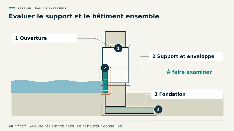 Mur fictif avec eau d’un côté et trois zones d’examen : ouverture, support et enveloppe, puis fondation.