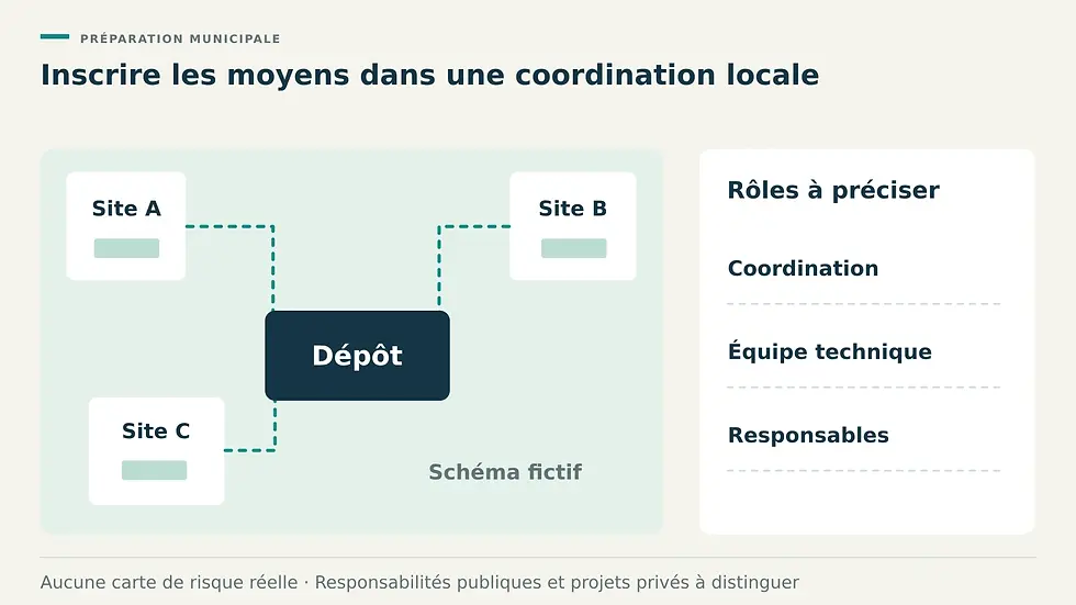 Tableau opérationnel fictif avec sites A, B et C, dépôt central et fiche de rôles, coordination, équipe technique et responsables.