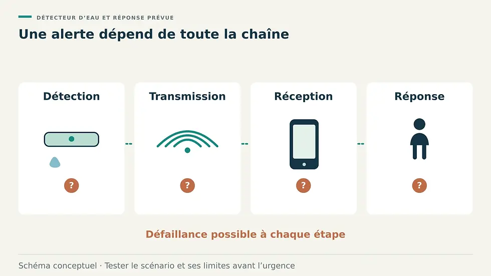 Quatre étapes reliées, détection, transmission, réception et réponse, portent chacune un point d’interrogation signalant une défaillance possible.