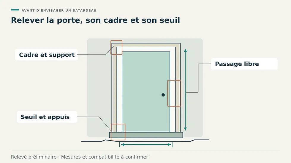 Porte fictive avec cadre, seuil et supports repérés, zones à photographier et flèches de mesure sans chiffres.