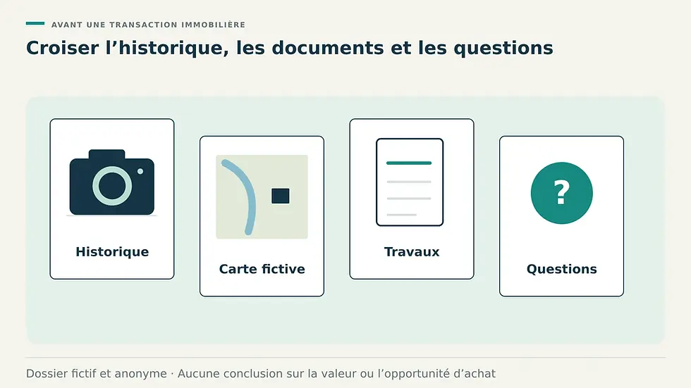 Quatre pièces de dossier fictives, historique illustré, carte, documents de travaux et questions, disposées sans adresse ni données privées.