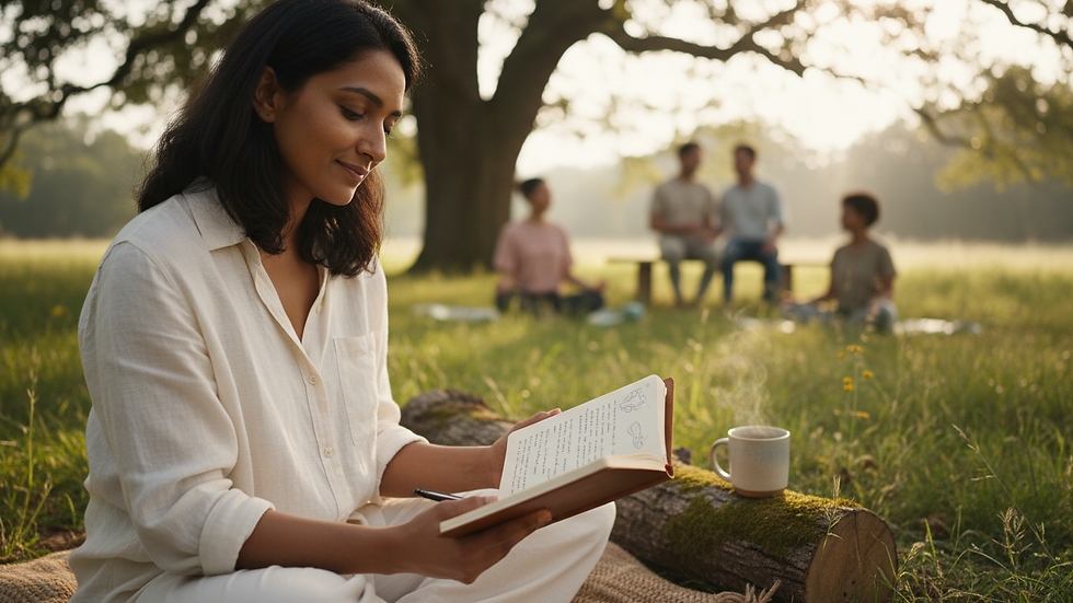 Close-up view of a person journaling outdoors with soft morning light