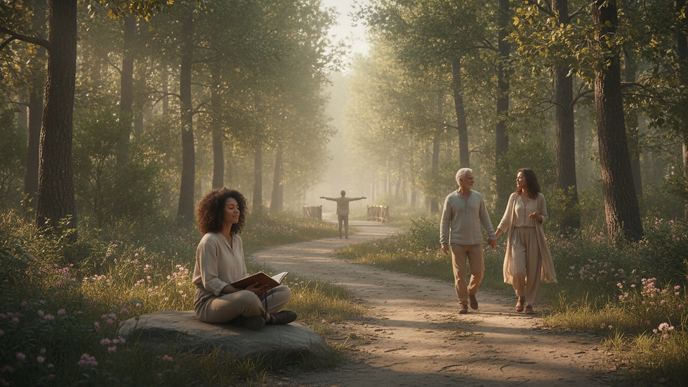 Wide angle view of a serene nature trail surrounded by trees and soft sunlight