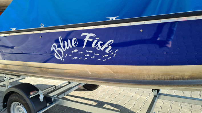 Boot Beschriftung, Blue Fish, Fisch, Schwarm, See, Fischerboot, Alu Boot, Trailer, Seetal-Print