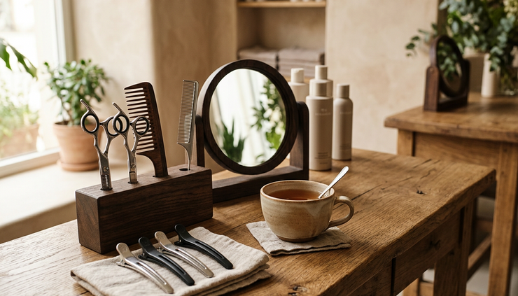 Close-up view of salon tools arranged beside a warm cup of tea.