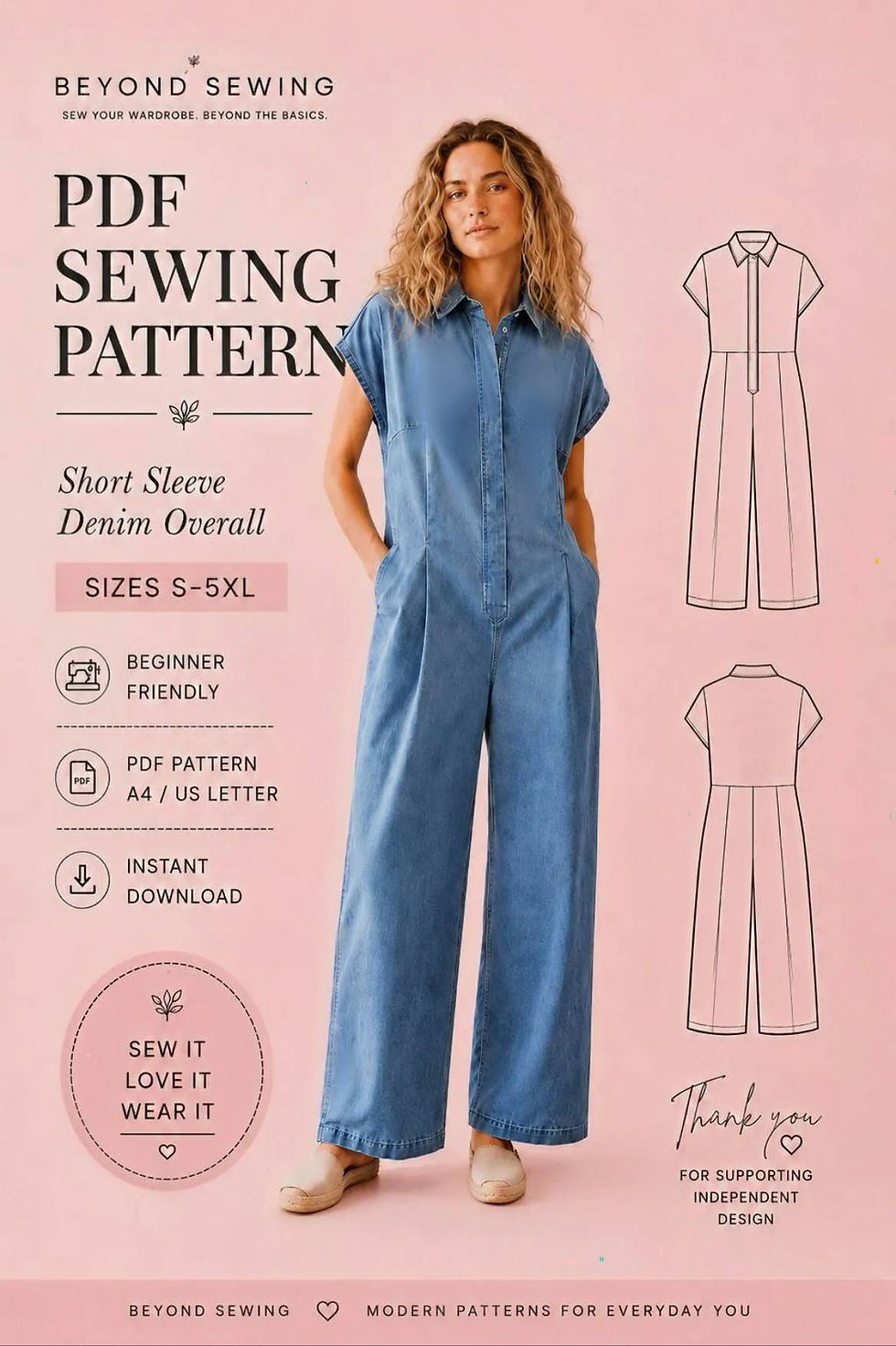 Short sleeve denim overall PDF sewing pattern for women with wide-leg fit, beginner-friendly, sizes S–5XL.