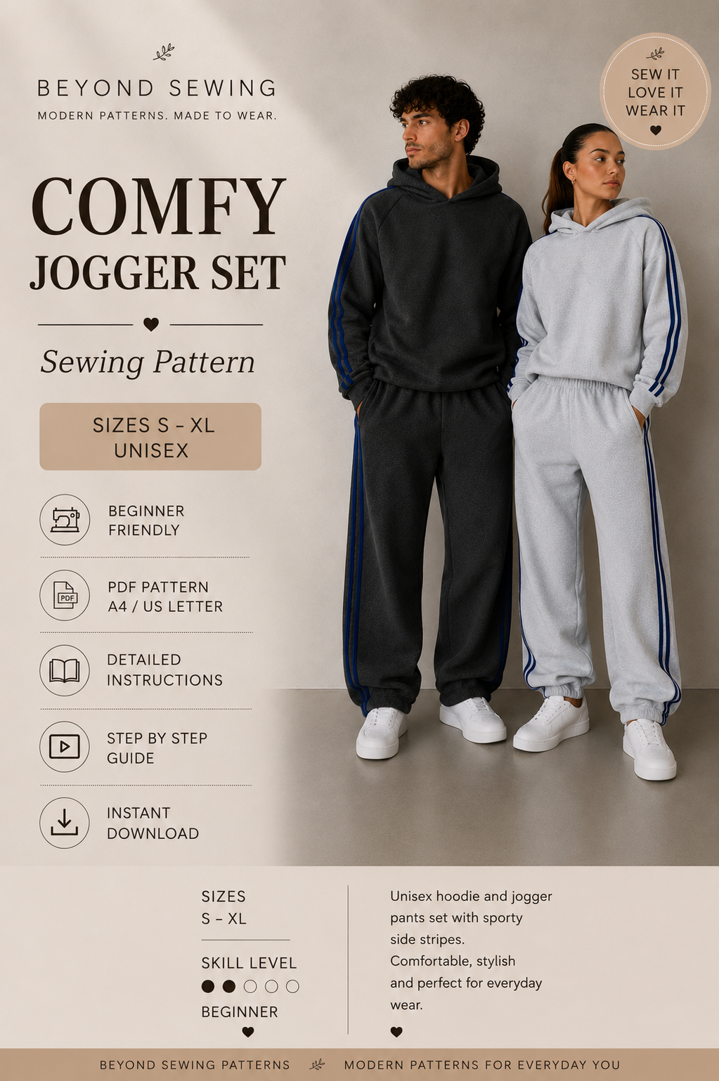 Oversized Hoodie & Sweatpants Sewing Pattern Bundle PDF, Unisex Streetwear Set