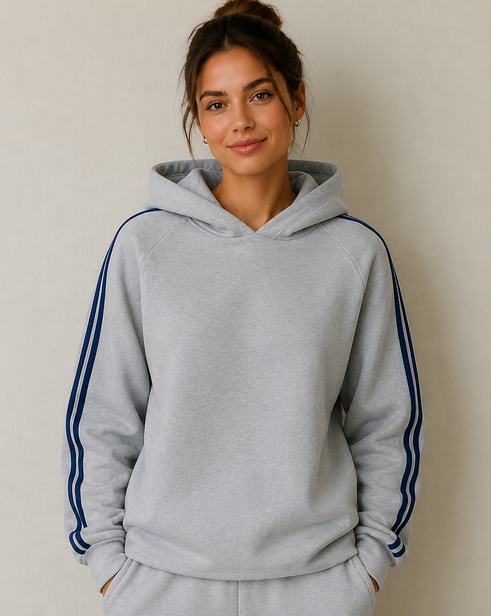 Grey hoodie with sporty side stripes and hood.