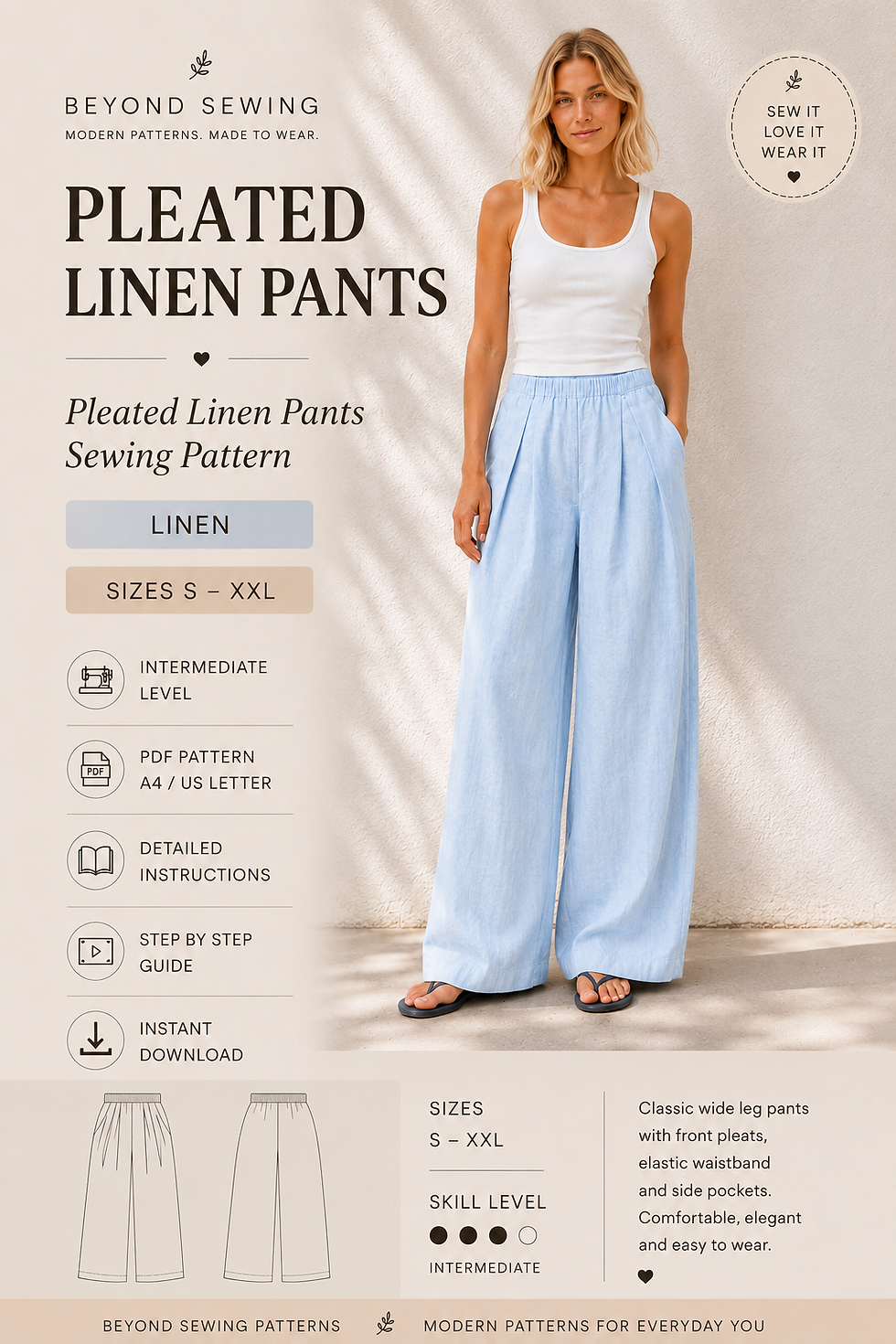 Thumbnail: Pleated linen pants sewing pattern with wide leg and front pleats.